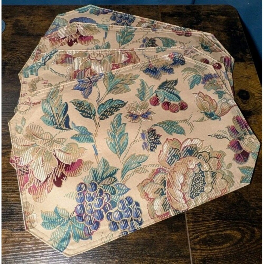 Granny Chic Placemats Victorian Style Floral Grapes Tan Gold Plum Set Of 4